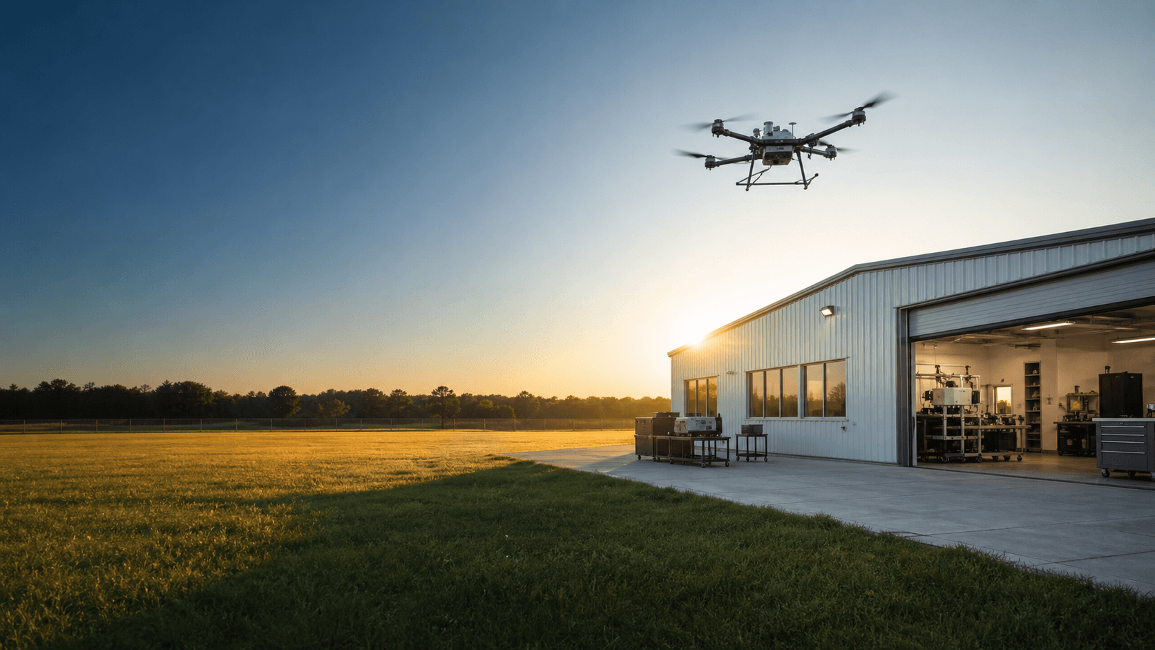Axion drone prototype flying near a local engineering facility